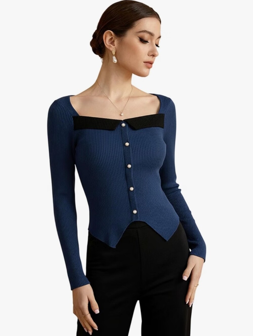 Navy Ribbed Pearl-Button Sweater Top